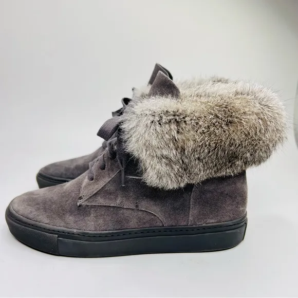 VINCE. Nyack Graphite Gray Suede Rabbit Fur-Cuff High Top Lace Up Sneaker
