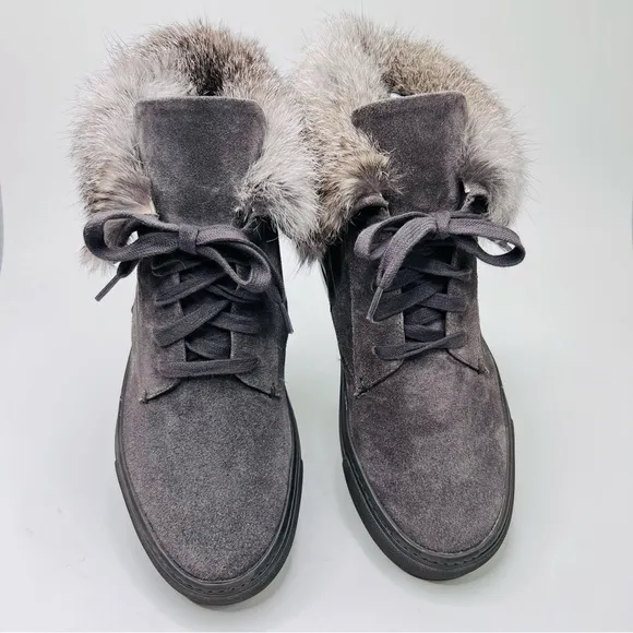 VINCE. Nyack Graphite Gray Suede Rabbit Fur-Cuff High Top Lace Up Sneaker