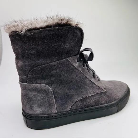 VINCE. Nyack Graphite Gray Suede Rabbit Fur-Cuff High Top Lace Up Sneaker