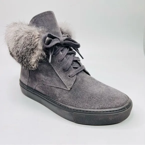 VINCE. Nyack Graphite Gray Suede Rabbit Fur-Cuff High Top Lace Up Sneaker