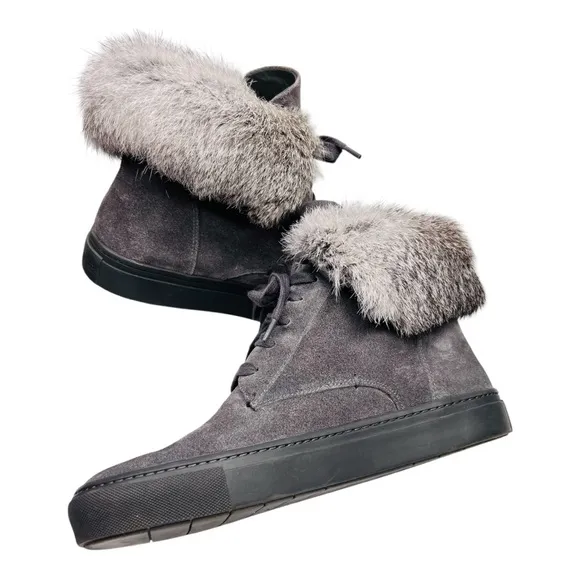 VINCE. Nyack Graphite Gray Suede Rabbit Fur-Cuff High Top Lace Up Sneaker