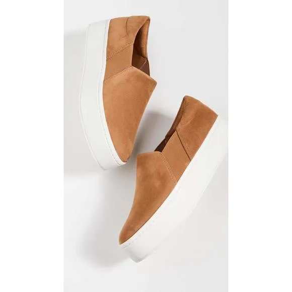 VINCE WOMENS WARREN PLATFORM SLIP ON FASHION SNEAKERS TAN SUEDE 8 M