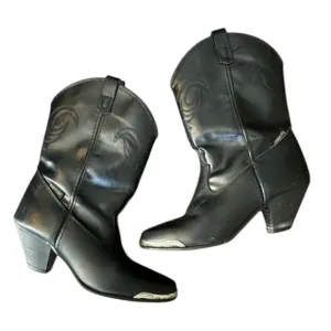 Vintage Capezio Black Western Cowboy Boots • Pull On Leather Silver • Size 6.5