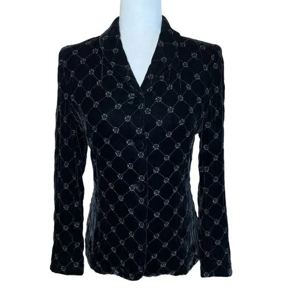 Vintage Petite Black Velvet Quilted Jacket Blazer 4P Dark Academia Office Siren