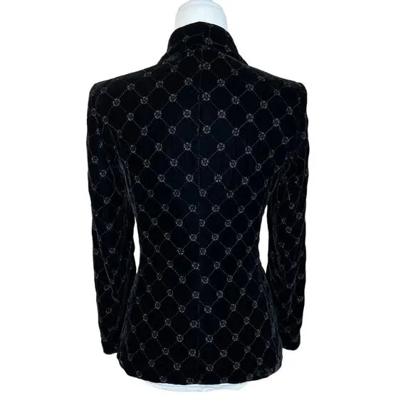 Vintage Petite Black Velvet Quilted Jacket Blazer 4P Dark Academia Office Siren