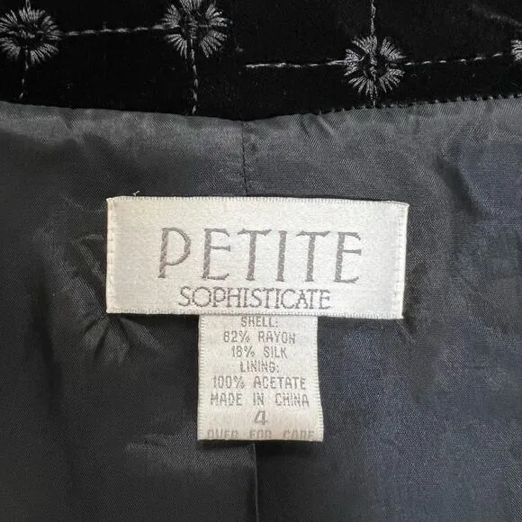 Vintage Petite Black Velvet Quilted Jacket Blazer 4P Dark Academia Office Siren