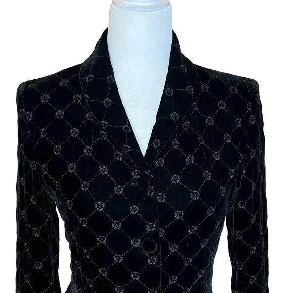 Vintage Petite Black Velvet Quilted Jacket Blazer 4P Dark Academia Office Siren