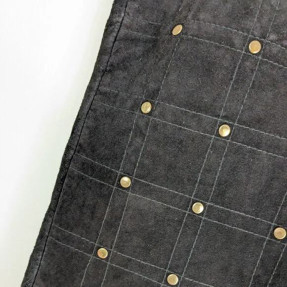 Vintage Suede Pencil Skirt Short Leather Studded 80S 90S Quilted Black Gold 8