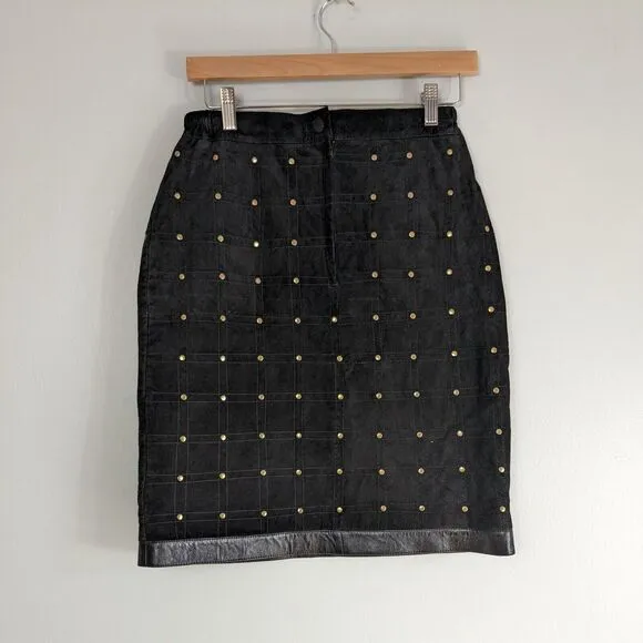 Vintage Suede Pencil Skirt Short Leather Studded 80S 90S Quilted Black Gold 8