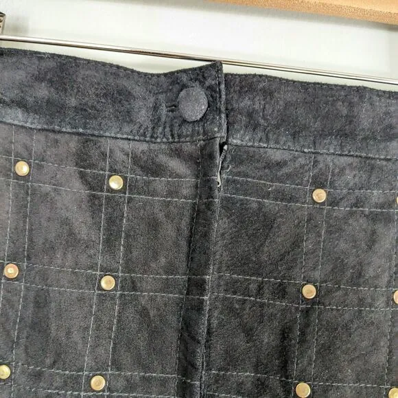 Vintage Suede Pencil Skirt Short Leather Studded 80S 90S Quilted Black Gold 8