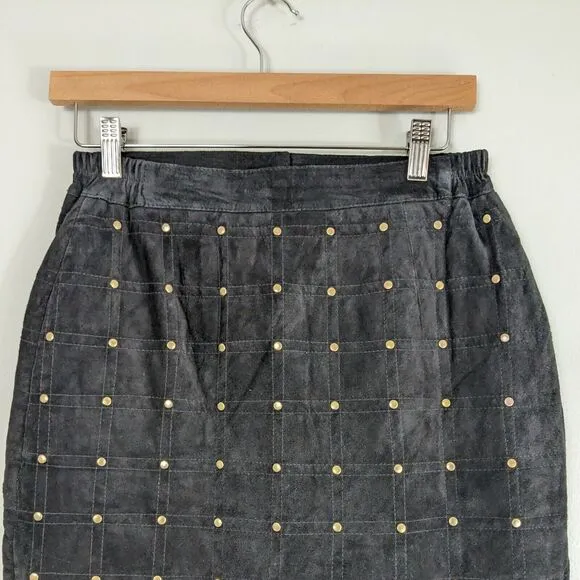 Vintage Suede Pencil Skirt Short Leather Studded 80S 90S Quilted Black Gold 8