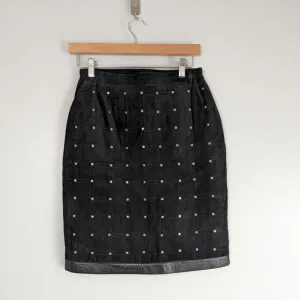Vintage Suede Pencil Skirt Short Leather Studded 80S 90S Quilted Black Gold 8