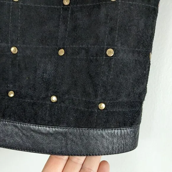 Vintage Suede Pencil Skirt Short Leather Studded 80S 90S Quilted Black Gold 8