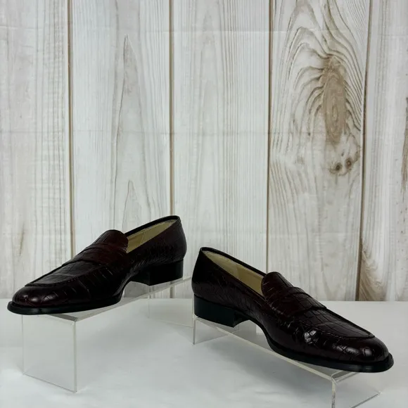Vintage Talbots Penny Loafers Italy Embossed Leather Flats Brown Shoes Size 7
