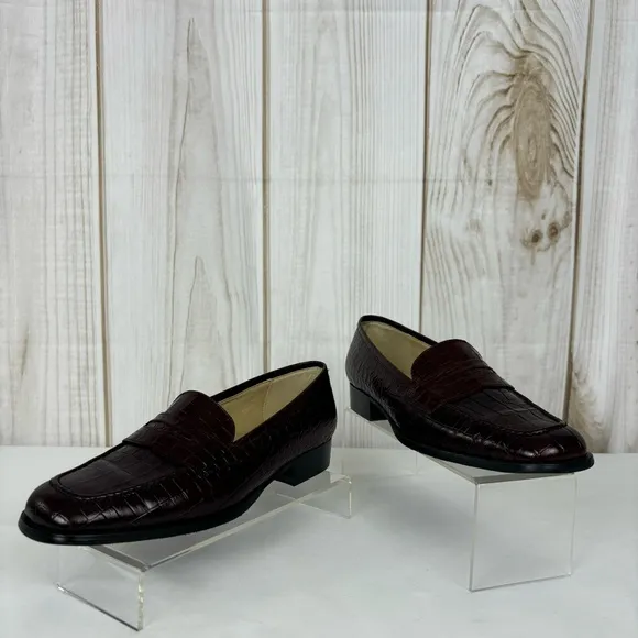 Vintage Talbots Penny Loafers Italy Embossed Leather Flats Brown Shoes Size 7