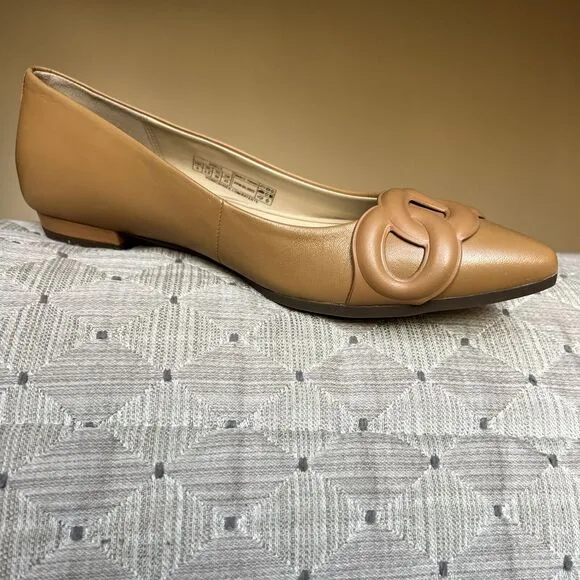 Vionic Arielle Caramel Tan Leather Flats Women’s 6 Pointed Toe Comfort Slip Ons