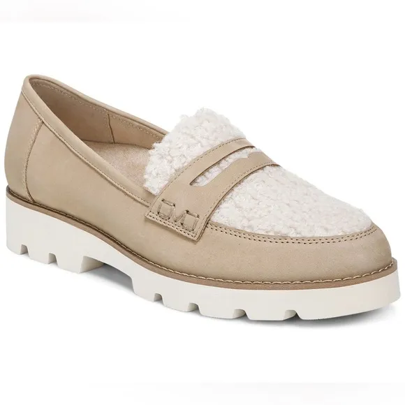 Vionic Cheryl Tan Suede and Cream Faux Fur Sherpa Penny Loafer Flats Size 8