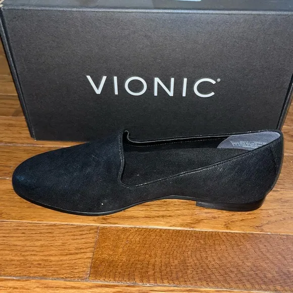 Vionic Willa Shimmer Suede Comfort Loafers Black With Metallic Women’s Size 7