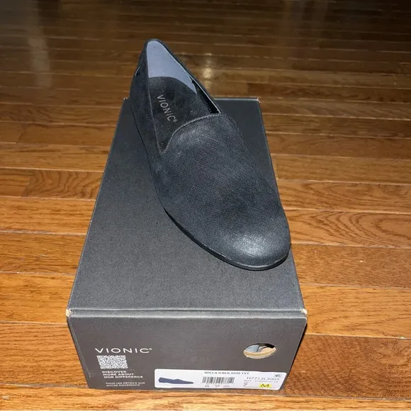 Vionic Willa Shimmer Suede Comfort Loafers Black With Metallic Women’s Size 7