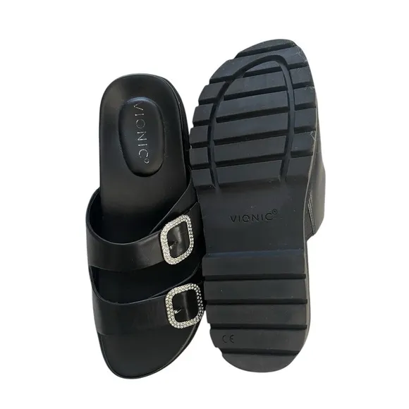 VIONIC WOMENS Capitola slide  Lug platform leather Sandals black size 7
