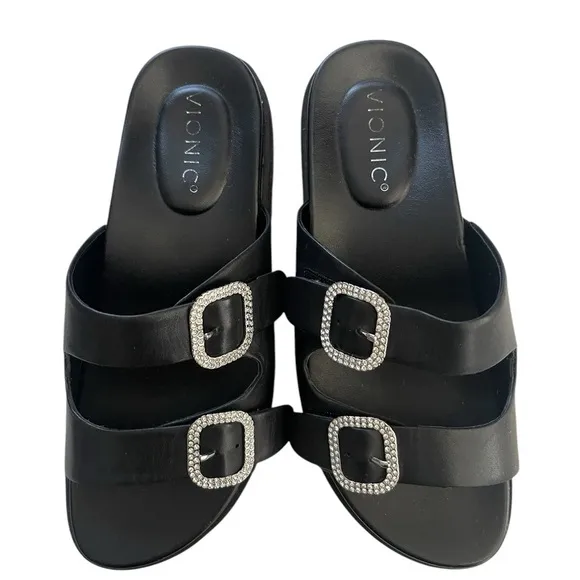 VIONIC WOMENS Capitola slide  Lug platform leather Sandals black size 7