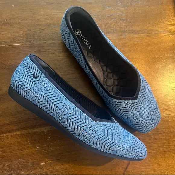 VIVAIA Vibrant Blue Textured Flats with Zigzag Design square toe size 40.5