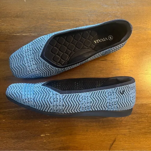 VIVAIA Vibrant Blue Textured Flats with Zigzag Design square toe size 40.5