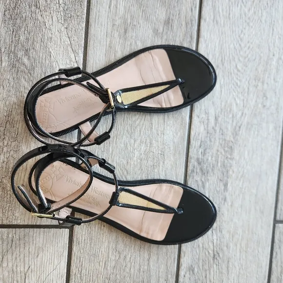 VIVIENNE WESTWOOD Anglomania Margie Black Flats Sandals US Size 7.5 Leather Vamp