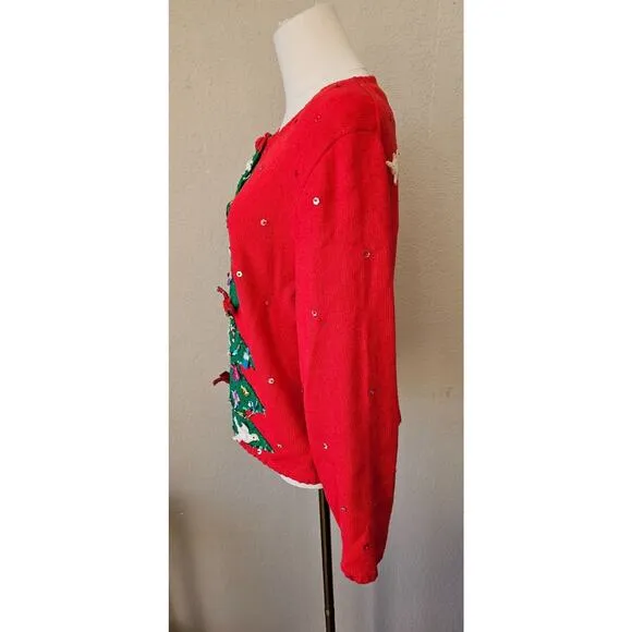Vtg Michael Simon Christmas Tree Cardigan Sweater 3D Hanging Birds Cardinals LRG