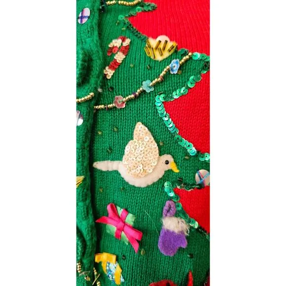 Vtg Michael Simon Christmas Tree Cardigan Sweater 3D Hanging Birds Cardinals LRG