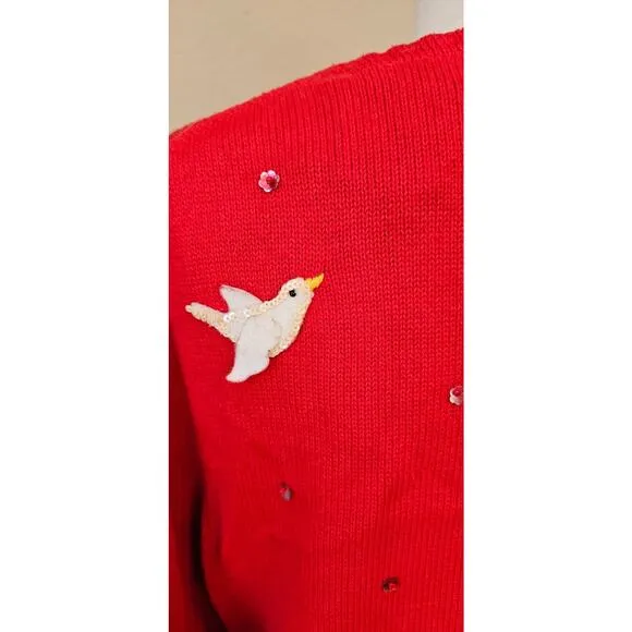 Vtg Michael Simon Christmas Tree Cardigan Sweater 3D Hanging Birds Cardinals LRG