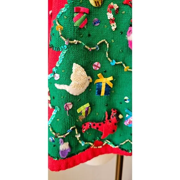 Vtg Michael Simon Christmas Tree Cardigan Sweater 3D Hanging Birds Cardinals LRG