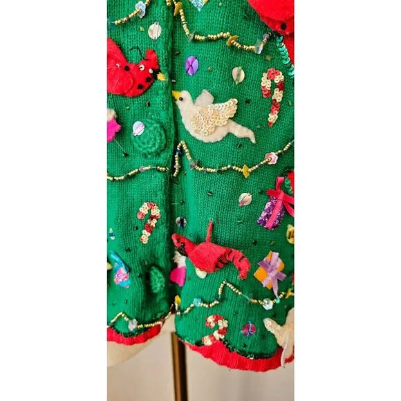 Vtg Michael Simon Christmas Tree Cardigan Sweater 3D Hanging Birds Cardinals LRG