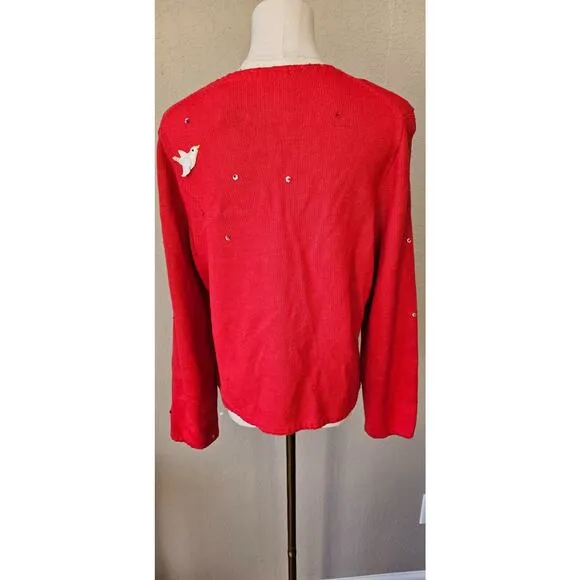 Vtg Michael Simon Christmas Tree Cardigan Sweater 3D Hanging Birds Cardinals LRG