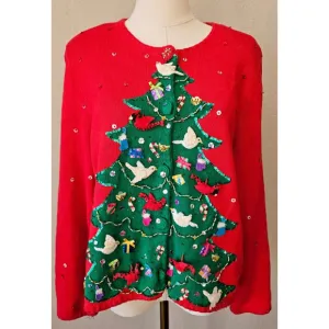 Vtg Michael Simon Christmas Tree Cardigan Sweater 3D Hanging Birds Cardinals LRG