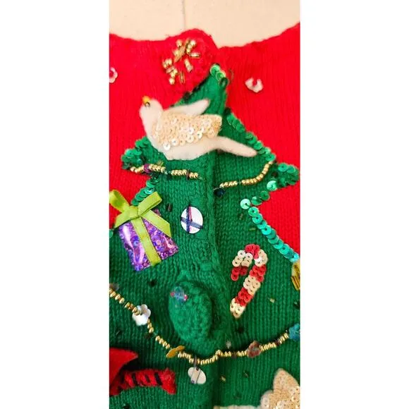 Vtg Michael Simon Christmas Tree Cardigan Sweater 3D Hanging Birds Cardinals LRG