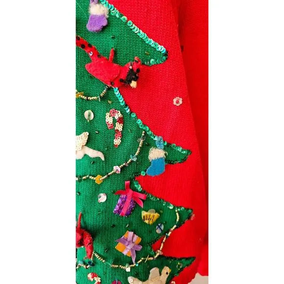 Vtg Michael Simon Christmas Tree Cardigan Sweater 3D Hanging Birds Cardinals LRG