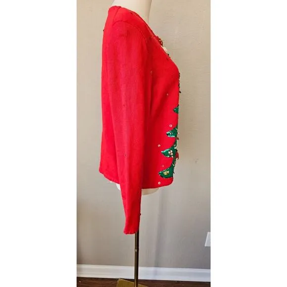 Vtg Michael Simon Christmas Tree Cardigan Sweater 3D Hanging Birds Cardinals LRG