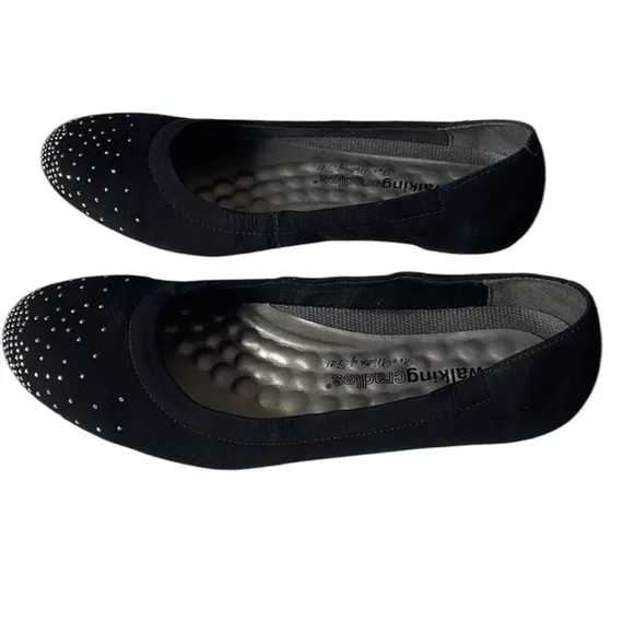 Walking Cradles Black Flats with Silver Rhinestone Detail, Size 7, Like New!