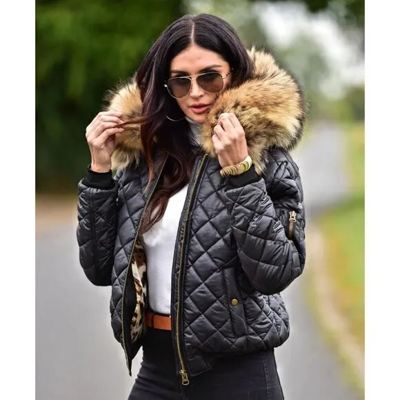Winter Coat Lightweight Short Down Jacket Quilted Parka w/ Fur Hood For Women
