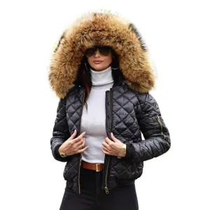 Winter Coat Lightweight Short Down Jacket Quilted Parka w/ Fur Hood For Women