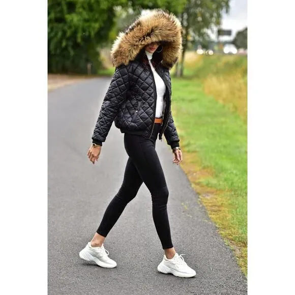 Winter Coat Lightweight Short Down Jacket Quilted Parka w/ Fur Hood For Women