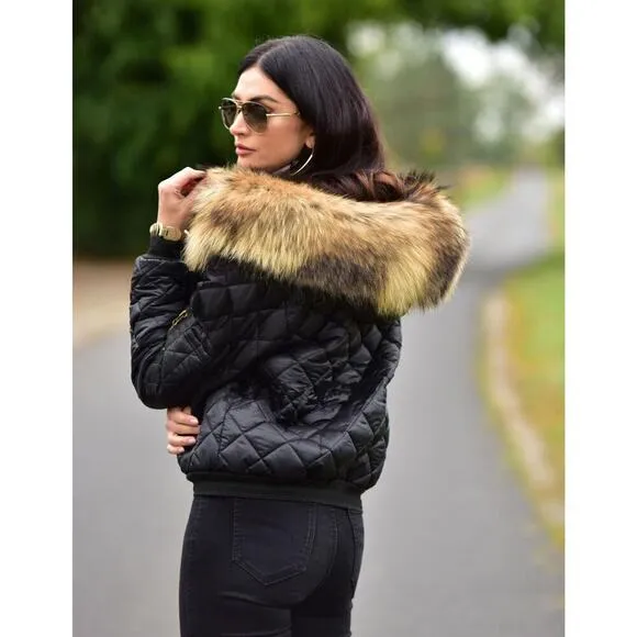 Winter Coat Lightweight Short Down Jacket Quilted Parka w/ Fur Hood For Women
