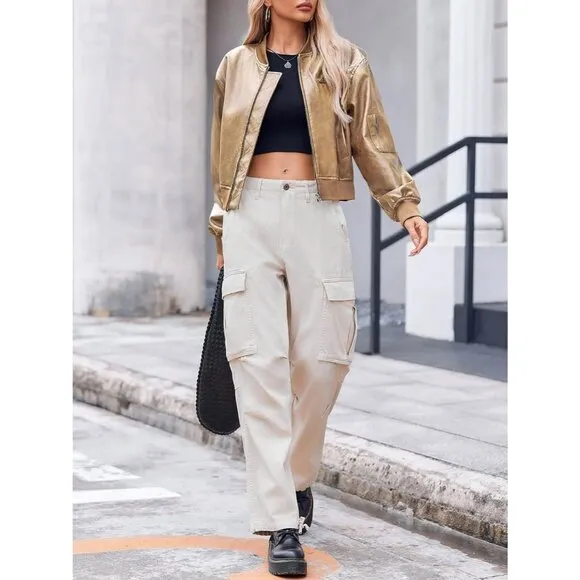 Women Cream 100% Synthetic Leather Baseball Collar Zip Up Cropped Biker Coat