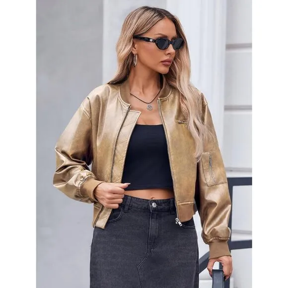 Women Cream 100% Synthetic Leather Baseball Collar Zip Up Cropped Biker Coat
