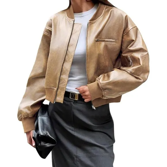 Women Cream 100% Synthetic Leather Baseball Collar Zip Up Cropped Biker Coat