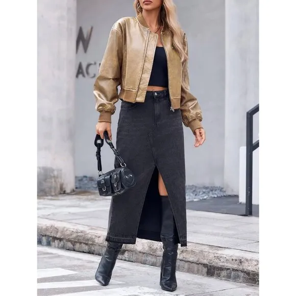Women Cream 100% Synthetic Leather Baseball Collar Zip Up Cropped Biker Coat