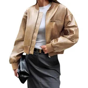 Women Cream 100% Synthetic Leather Baseball Collar Zip Up Cropped Biker Coat