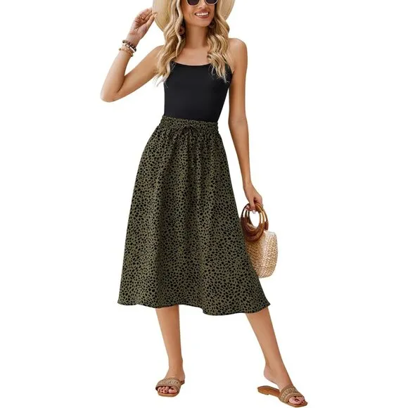 Women Floral Print Midi Skirts Chiffon Summer Beach Pleated  A Line Skirts