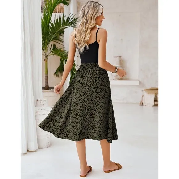 Women Floral Print Midi Skirts Chiffon Summer Beach Pleated  A Line Skirts